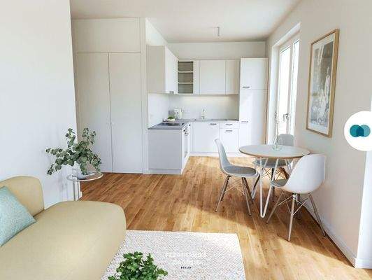 Ansicht III: Wohn- und Esszimmer mit offenem Küchenbereich