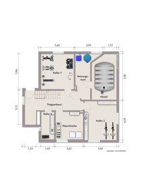 Grundriss Kellergeschoss (nicht maßstabsgerecht, Möblierungsbeispiel)