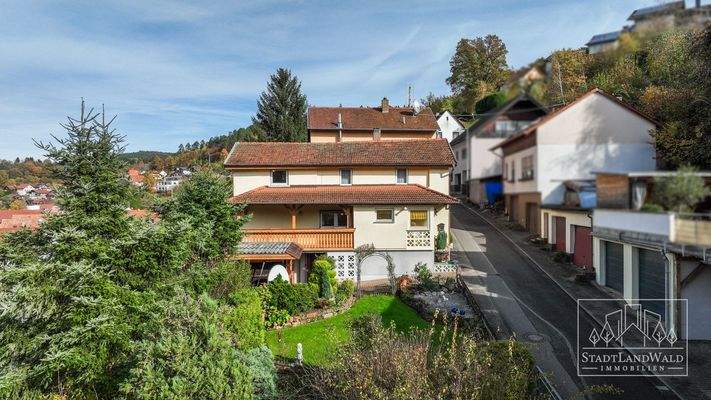 Hausansicht mit Garten und Garagen