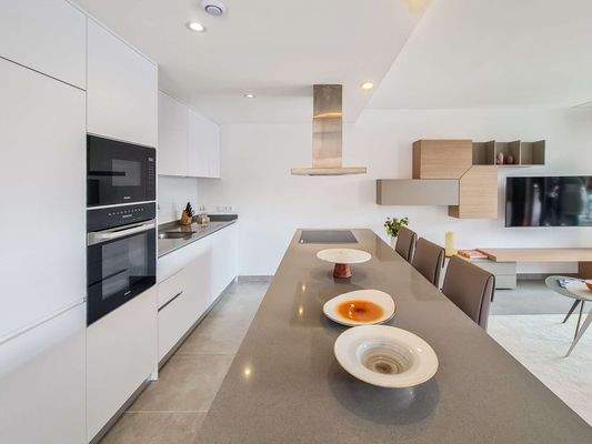 Blick in die Küche mit ihrer Kücheninsel