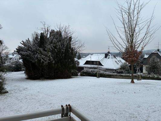 Ausblick von der Wohnung auf die Wiese hinter dem Haus und umliegende Landschaft.