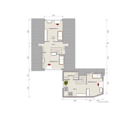 Grundriss Dachgeschoss (nicht maßstabsgerecht, Möblierungsbeispiel)
