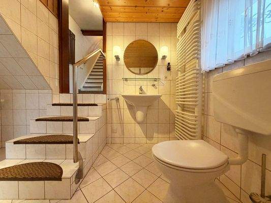 EG: Stufen und Waschtisch bilden im Badezimmer eine offene und klare Raumstruktur