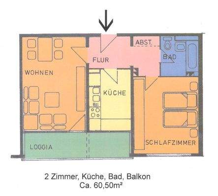Grundriss mit Wohnzimmer, Schlafzimmer, Bad, Küche und Loggia