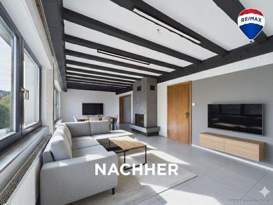 RE/MAX Immobilien DeLux Soppelhaushälfte Mettlach Wohnzimmer nachher