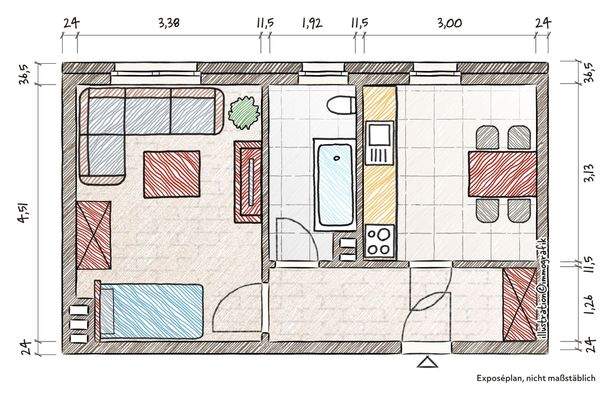 Grundriss der 3x 1 Zimmer Wohnung mit 33,73 qm