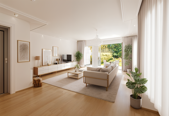 Lichtdurchflutetes Wohnzimmer (visualisiert)