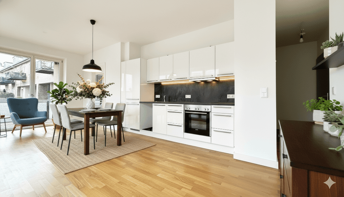 Wohnzimmer mit offener Küche