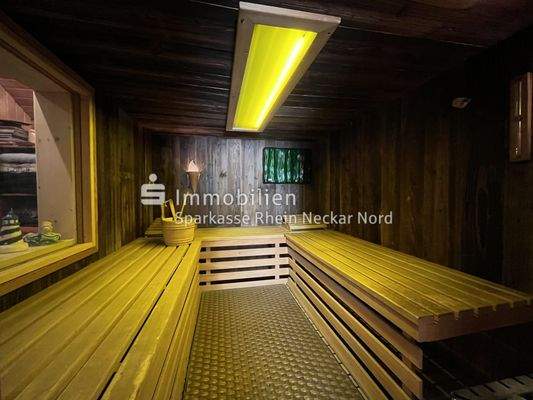 Holzsauna mit Liegebänken und Deckenlampe