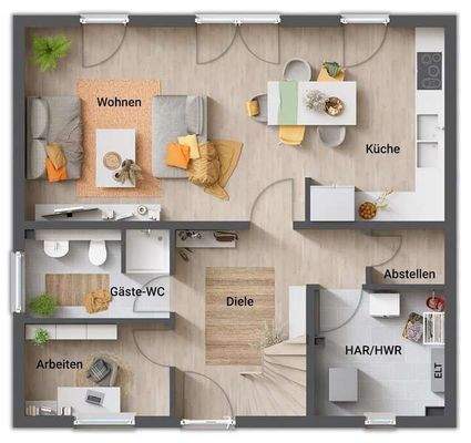 Grundriss Erdgeschoss+offene Küche+Arbeitszimmer+G