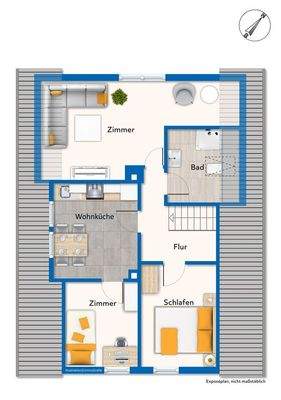 Grundriss Obergeschoss mit Mustermöblierung