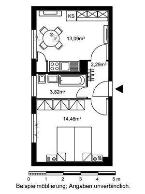 Grundriss im Erdgeschoss mit ca. 34 m² Wohnfläche Wohn-/Ess-/Kochbereich, Abstellraum, Flur, Bad und Schlafzimmer.