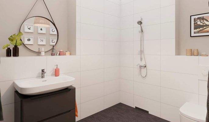 Ein modern gefliestes Badezimmer