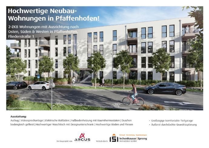 Pfaffenhofen! 2-ZKB Erdgeschoss-Wohnung mit ca. 14,10 m² Süd-/West-Terrasse, elektr. Rollläden, Fußbodenhzg., Videospr., Dusche bodengleich u. Keller!