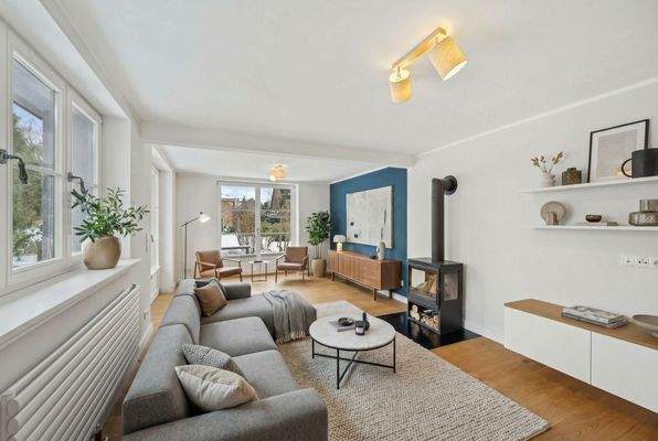 Heller Wohnbereich mit Kaminofen - Gestaltungsvorschlag