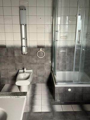 Modernes Badezimmer mit Komfort: Edle Glasdusche und Designer-Sanitärinstallationen in harmonischem Grau-Weiß-Kontrast