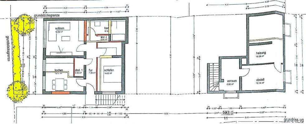 Bemaßter Plan Einliegerwohnung und Kellerräume