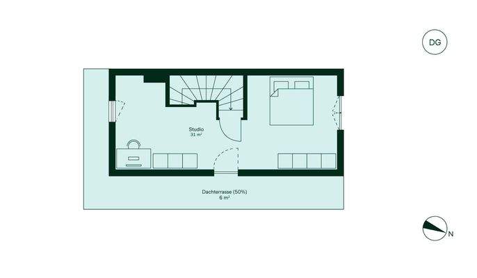 Das Studio bietet viel Raum zur Entfaltung und einen direkten Zugang zur Dachterrasse
