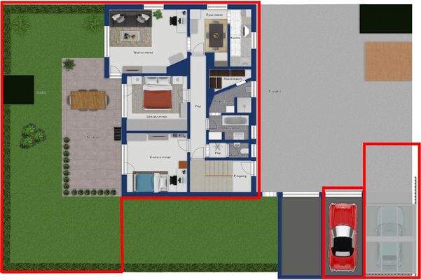 Grundriss Wohnung + Außenbereich gekennzeichnet