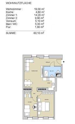 Wohnungsplan ca. 60,10 m² + Balkon bewilligt