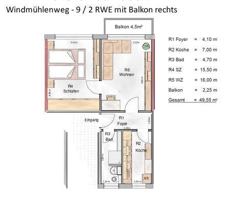Grundriss 2RWE mit Balkon