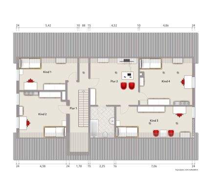 Grundriss Dachgeschoss (nicht maßstabsgerecht, Möblierungsbeispiel)