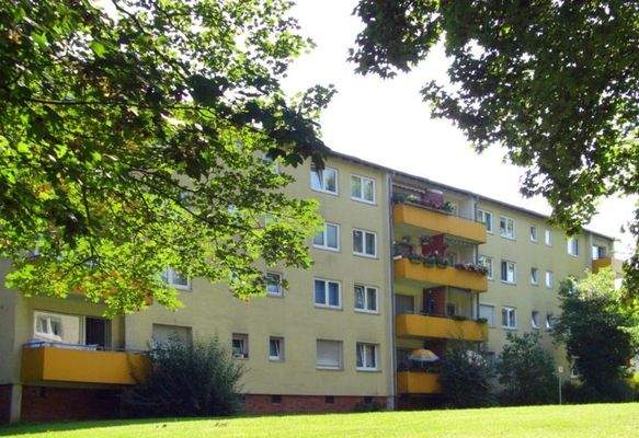 Rückansicht eines Mehrfamilienhauses mit Balkonen, umgeben von einer Wiese und Bäumen.