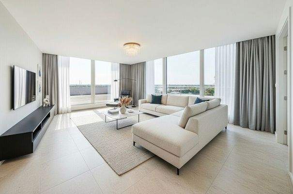 (KI) Wohnbereich in der oberen Ebene mit Zugang zur Dachterrasse ...(KI)