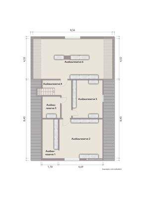 Grundriss Dachgeschoss (nicht maßstabsgerecht, Möblierungsbeispiel)