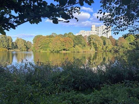 Blick vom Wanderweg auf das Gebäudeensemble