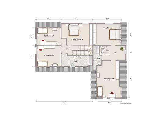 Grundriss Dachgeschoss (nicht maßstabsgerecht, Möblierungsbeispiel)
