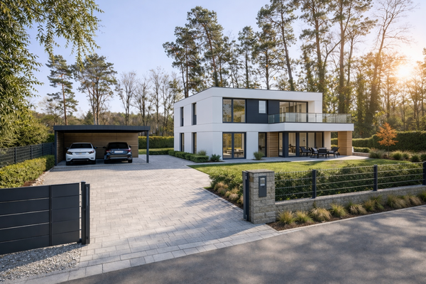 Visualisierung des Grundstücks mit Haus und Carport