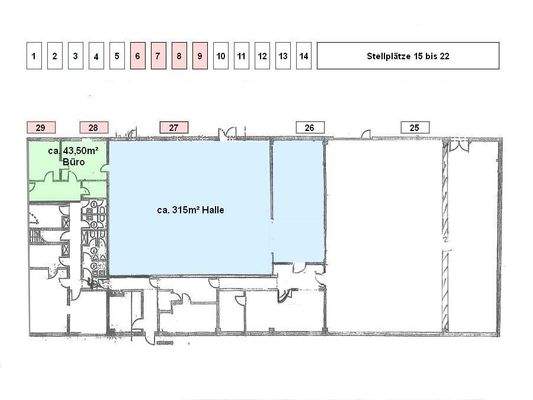 Grundriss Halle blau, Büro grün
