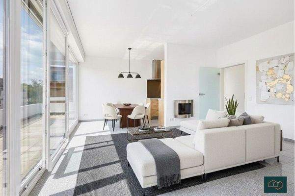 Wohnraum mit Blick zur Dachterrasse visualisiert mit KI