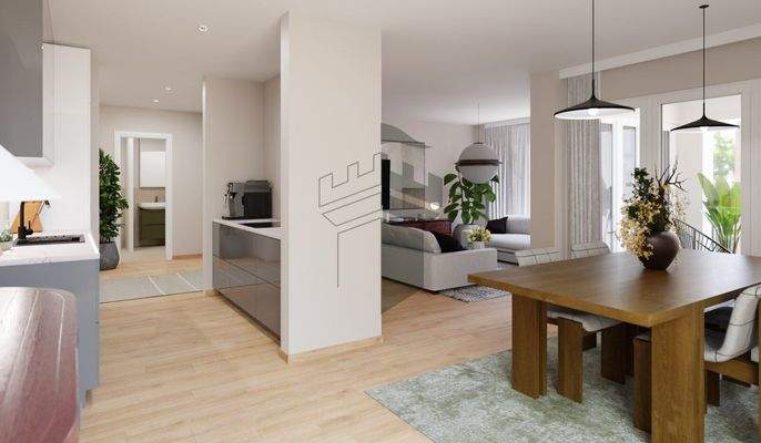 Musterbeispiel Küche mit Blick in den Wohn- & Essbereich