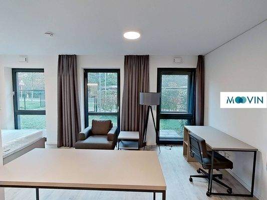 Ansicht II: Wohn- und Schlafzimmer mit offenem Küchenbereich