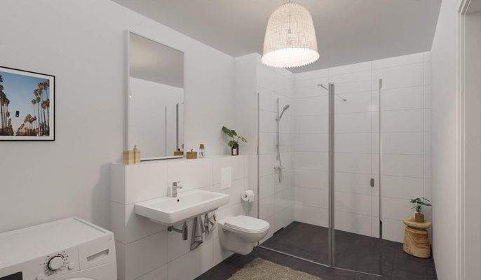 Modern gefliestes Badezimmer mit bodengleicher Dusche