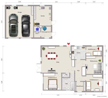 Grundriss Erdgeschoss (nicht maßstabsgerecht, Möblierungsbeispiel)