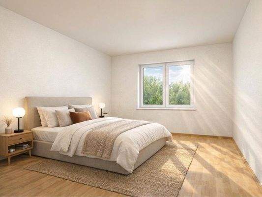 Schlafzimmer (per KI möbliert visualisiert)