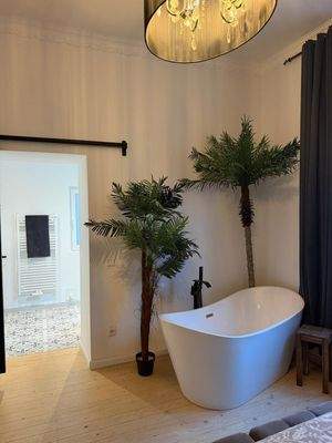 Schlafzimmer mit Badewanne und Zugang zum Badezimmer