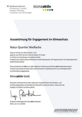 Zertifikat Klimaaktiv Gold