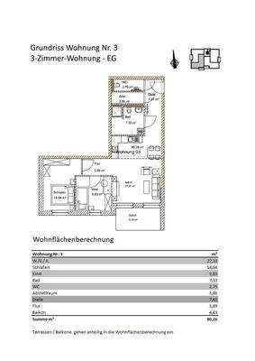 Grundriss + Wohnflächenberechnung Wohnung 03