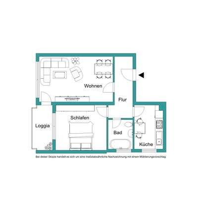 Grundriss der 2-Zimmer Wohnung mit Wohnzimmer, Schlafzimmer, Flur, Küche, Bad und Balkon