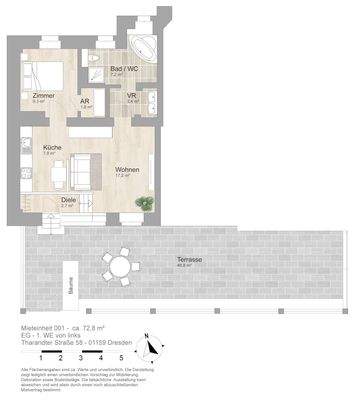 Grundriss farbig / möbliert