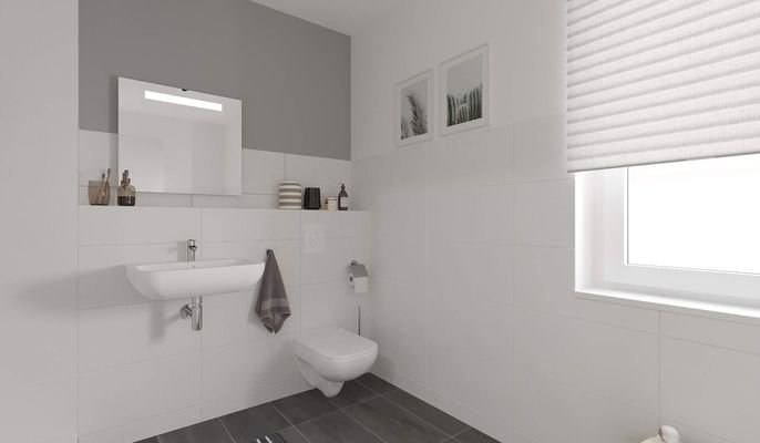 Ein modern gefliestes Badezimmer mit Badewanne und