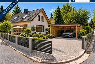 Modernes Haus mit Holz-Carport und Garten, KI