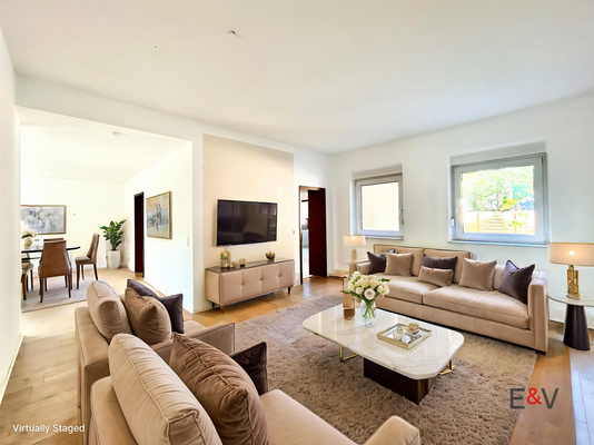 Visualisierung offener Wohnbereich mit angrenzendem Esszimmer - Erdgeschoss der linken Doppelhaushälfte