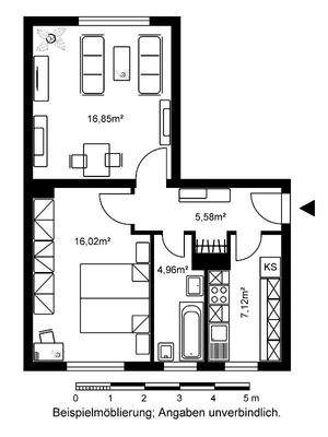 Grundriss mit Wohnzimmer ca 16,85m², 16,02m² Schlafzimmer, 4,96m² Badm 7,12m² Küche und 5,58m² Flur