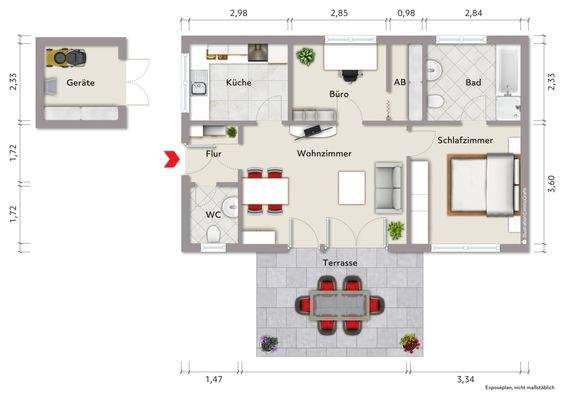 Grundriss Erdgeschoss (nicht maßstabsgerecht, Möblierungsbeispiel)