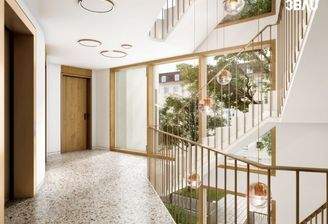 Treppenhaus mit Terrazzoboden und Design-Leuchten